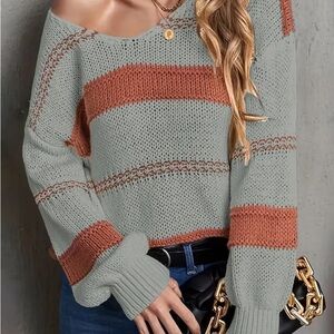 NIP Knit Taupe/Brick Striped V-Neck Pullover Sweater. Size Small